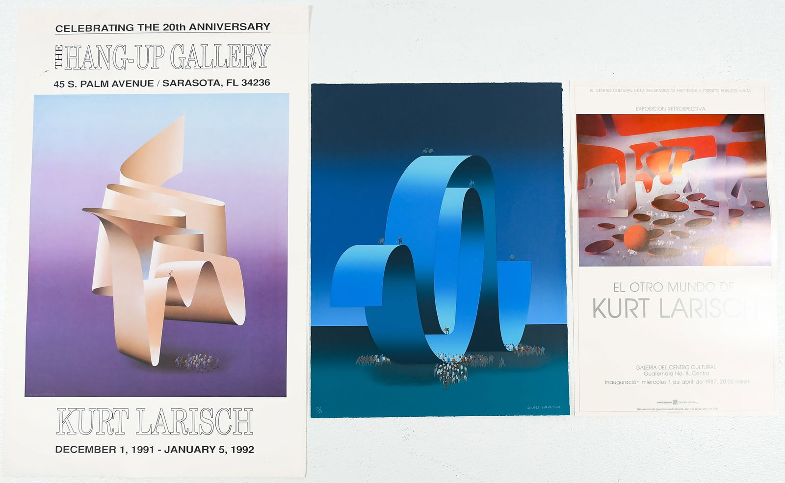 3PC. KURT LARISCH PRINT LOT: LARISCH, Kurt, (Austrian/Mexican, 1913-2009): Three Prints: 1) Fantasy Landscape with Ribbon-like Structures and Little People, Serigraph, 26.75" x 20.5", pencil signed lower right, marked P/A lower l