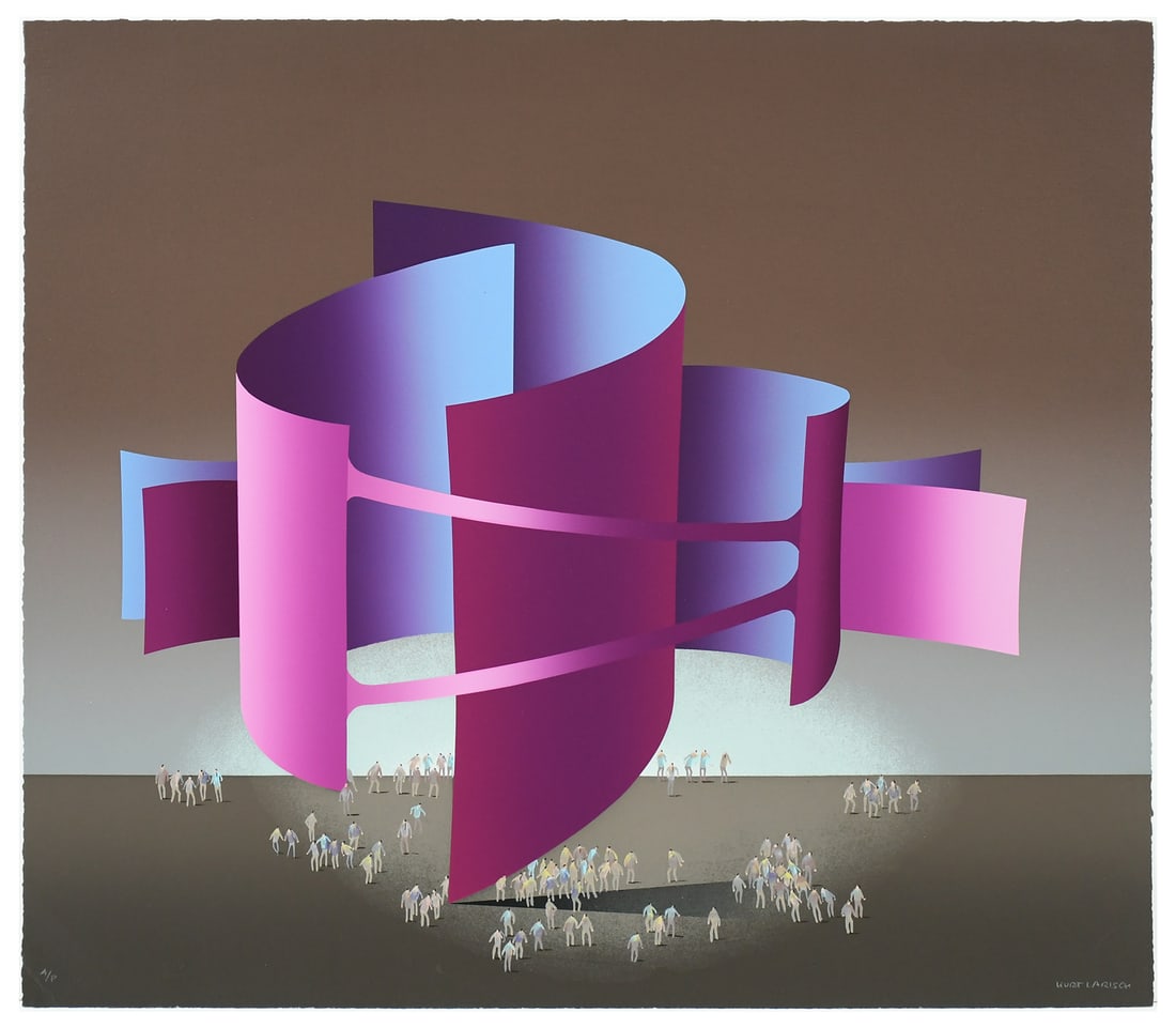 LARGE KURT LARISCH SERIGRAPH: LARISCH, Kurt, (Austrian/Mexican, 1913-2009): Little People and Purple/Blue Cylinder Ribbons, Serigraph, 26.5" x 30", signed lower right, marked AP lower left, unframed.