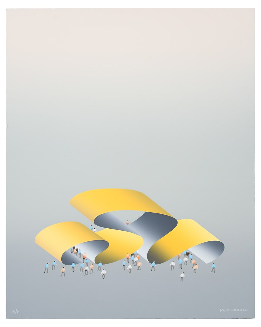 KURT LARISCH SURREAL SERIGRAPH: LARISCH, Kurt, (Austrian/Mexican, 1913-2009): Surreal Fantasy Landscape with Tiny Figures viewing Gold Ribbons, Serigraph, 28.25" x 22.75", signed lower right, marked Artist Proof lower left, unframed