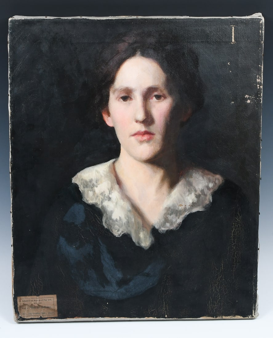 EXHIBITED WILCOCKS PORTRAIT PAINTING OF A YOUNG WOMAN: WILCOCKS, Edna Marrett, (American, 1887-1969): Portrait of a Young Woman, Oil/Canvas, 21” x 17”, unframed. School of the Museum of Fine Arts in Boston exhibition label lower left dated 191