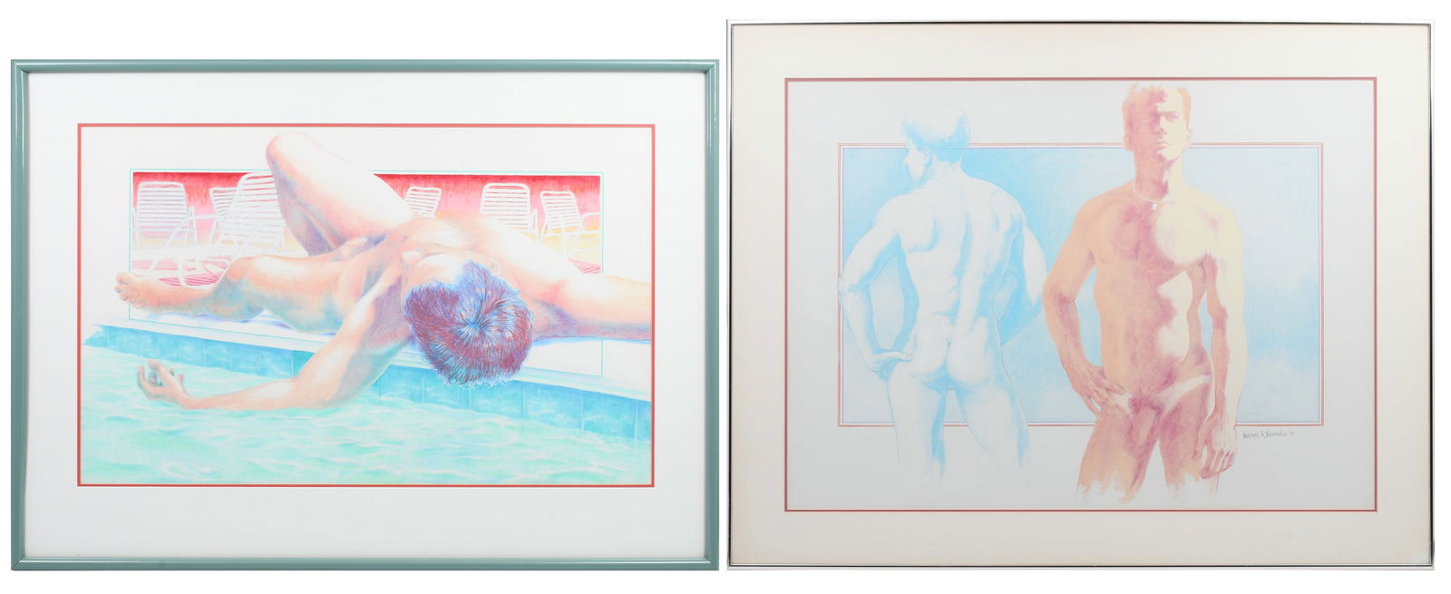 TWO MALE NUDE COLORED PENCIL DRAWINGS: TWO MALE NUDE COLORED PENCIL DRAWINGS: Two Large Colored Pencil Drawings: 1) Male Nude Reclining on a Pool Deck, 18” x 29”, no visible signature, custom teal framing, 26” x 36”