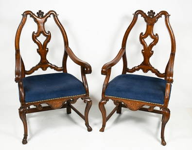 PR. OF 18TH CENTURY CARVED WALNUT ARMCHAIRS: PR. OF 18TH CENTURY CARVED WALNUT ARMCHAIRS: