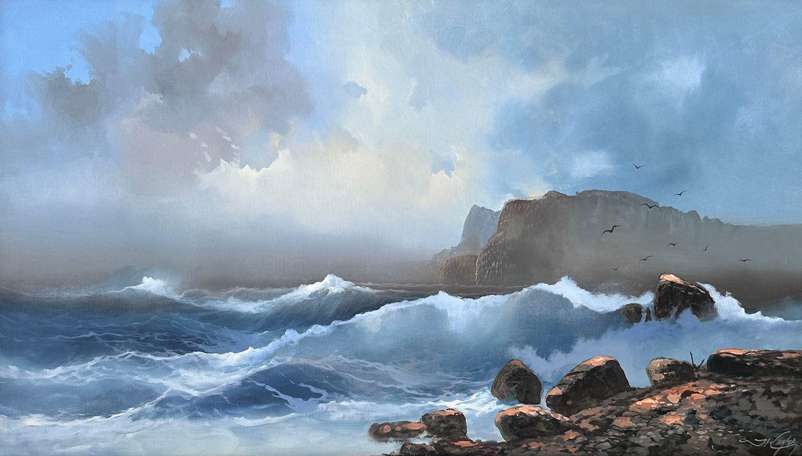 LARGE JOSEF KUGLER COASTAL SURF PAINTING (1 of 3)