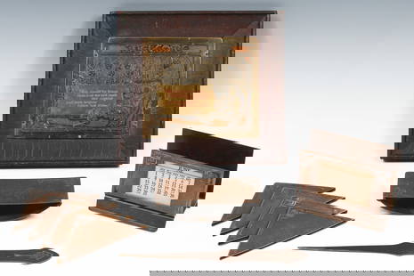 ARTS & CRAFTS HEINTZ DESK SET & RUTLEDGE PLAQUE: ARTS & CRAFTS HEINTZ DESK SET & RUTLEDGE PLAQUE: 20th-Century copper desk set by the Arts Crafts Shop in Buffalo, New York. Includes a letter holder, photo frame, stamp box, letter opener, and pen tra