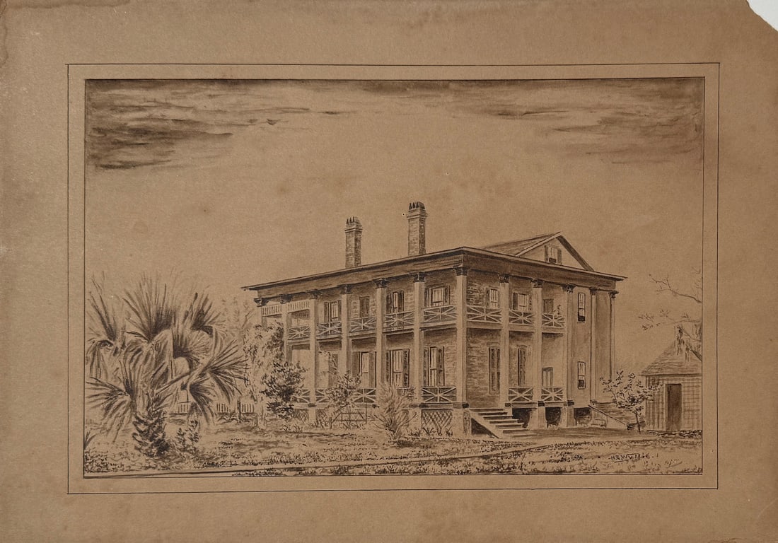 PLANTATION HOUSE INK AND GRAPHITE: PLANTATION HOUSE INK AND GRAPHITE: Ink and Graphite/Board, 10" x 14", unframed. Possibly by H.E. Wyllie.