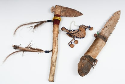 3 PC. NATIVE AMERICAN WAR CLUB, KNIFE, & BEADED BI