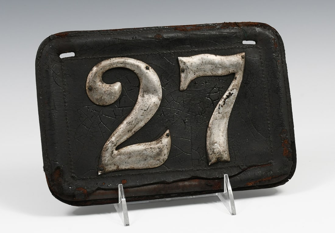 EARLY 2 DIGIT LEATHER LICENSE PLATE (1 of 3)