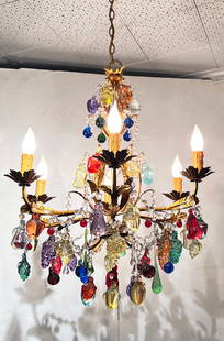 6- LIGHT VENETIAN GLASS & GILT METAL CHANDELIER: 6- LIGHT VENETIAN GLASS & GILT METAL CHANDELIER: 6 Light Gilt Metal & Venetian Glass Chandelier with multi-colored Venetian Glass fruit and prisms. Approx. 29" h x 24" dia.