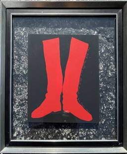 JIM DINE LITHOGRAPH TWO RED BOOTS: DINE, Jim, (American, b. 1935): Two Red Boots on a Black Ground, Lithograph, 6&rdquo; x 5.75&rdquo;, signed and titled in the plate, dated 1965, modern chrome and glass frame, 10.25&rdquo; x 10.25&rdq