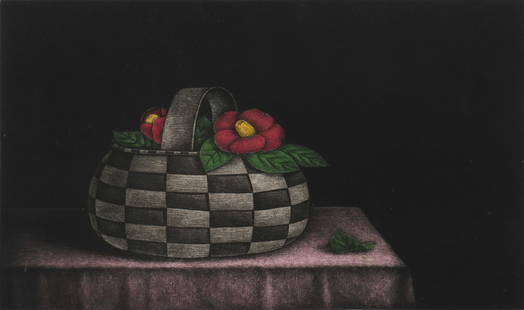 TOMOE YOKOI FLORAL STILL LIFE MEZZOTINT: YOKOI, Tomoe, (Japanese, b. 1942): Still Life with Flowers in a Basket, Mezzotint, sight size 8” x 10.75”, pencil signed lower right, numbered 89/100 lower left, framed, 15.5” x