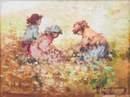 ANTONIO PECORARO “FLOWER COLLECTORS” PAINTING: PECORARO, Antonio, (Italian/American, b. 1938): “Flower Collectors”, Oil/Board, 7” x 9”, signed lower right, framed under glass, 17.5” x 20”.