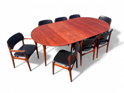 MID-CENTURY ROSEWOOD DINING TABLE & 8 CHAIRS: MID-CENTURY ROSEWOOD DINING TABLE & 8 CHAIRS: Rosewood Dining Table with 2- Leaves. Also included are 8- Black Leather upholstered Eric Buch Danish Teak Chairs. Table Approx. 29.25" h x 51.125" dia.