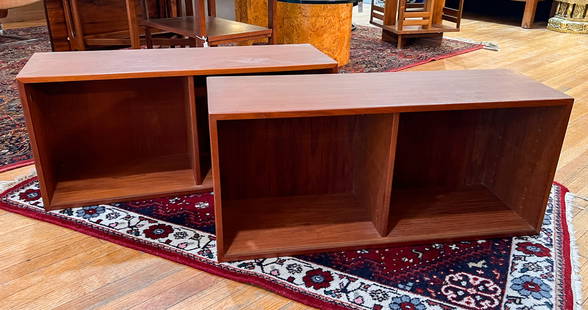 PAIR OF MID-CENTURY HANGING WALL UNITS: PAIR OF MID-CENTURY HANGING WALL UNITS: Each with glass shelves and sliding glass doors. Both marked “Made in Denmark” on the back. Each unit measures 35.25” (h) x 15.75” (w) x