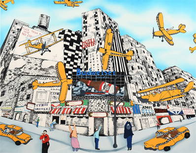 LINNEA PERGOLA “HAILING A SKY CAB” SERIGRAPH: PERGOLA, Linnea, (American, b. 1953): “Hailing a Sky Cab”, Serigraph, sight size 31” x 39.625”, signed in pencil lower right, numbered 101/295 with Martin Lawrence Galleries blind