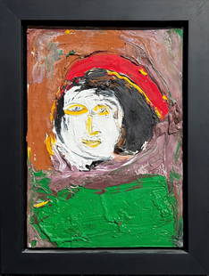 JAMALI ORIGINAL PAINTING FIGURE IN RED HAT: JAMALI, (Indian/American, b. 1944): Figure in Red Hat, Oil/Canvas, 17” x 12”, signed lower right, encased in custom float-mounted frame, 20.75” x 15.75”. Comes with a