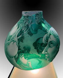 LISABETH STERLING CAMEO ENGRAVED GLASS VASE: LISABETH STERLING CAMEO ENGRAVED GLASS VASE "EGGS IN THE TREES" (SEEDS OF LIFE): A large Beautifully engraved art glass vase by Lisabeth Sterling with numerous figures and a Fruit Tree. Engraved signa