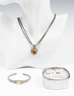 DAVID YURMAN, MICHAEL DAWKINS, JUDITH RIPKA, VARSANO: DAVID YURMAN, MICHAEL DAWKINS, JUDITH RIPKA, VARSANO: A modern collection of sterling and gold jewelry including a sterling & gold accented topaz Pendant by David Yurman on a Michael Dawkins chain.,