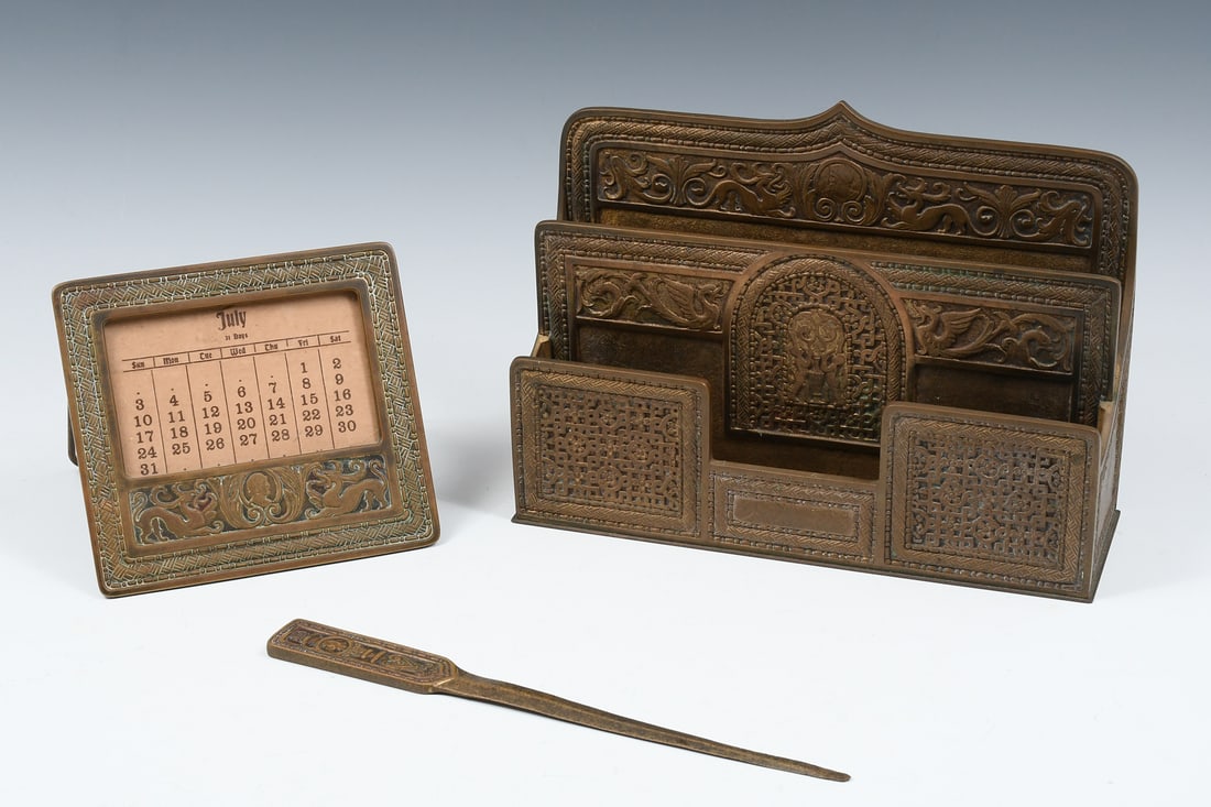 3 PC. TIFFANY STUDIOS BRONZE "SPANISH" DESK SET (1 of 7)