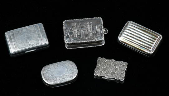 5 PC. ENGLISH STERLING VINAIGRETTES: 5 PC. ENGLISH STERLING VINAIGRETTES: Approx. 2.99 Troy ounces. 1- Nathaniel Mills with a Castle motif and a Gold washed foliate interior, monogrammed. 1- Nathaniel Mills Foliate motif with a Gold