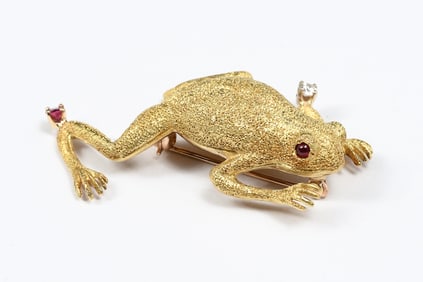 18K DIAMOND RUBY FROG BROOCH