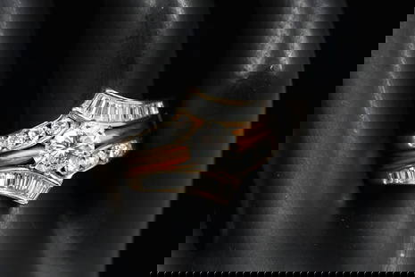 14K DIAMOND SOLITAIRE W/ DIAMOND JACKET: 14K DIAMOND SOLITAIRE W/ DIAMOND JACKET: Magnificent modern bridal set of 14K yellow gold starring a solitaire ring with a diamond jacket. Solitaire is a round brilliant cut diamond Weight 1.05 Ct. Ap