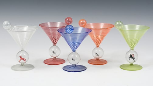 5 BIMINI FIGURAL MARTINI GLASSES W/ SWIZZLE STICKS