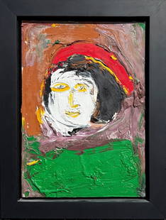 JAMALI ORIGINAL PAINTING FIGURE IN RED HAT: JAMALI, (Indian/American, b. 1944): Figure in Red Hat, Oil/Canvas, 17" x 12", signed lower right, encased in custom float-mounted frame, 20.75" x 15.75". Comes with a Certificate of Authenticity from