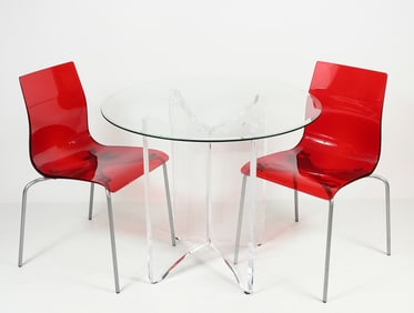 GLASS TOP ACRYLIC BRISTO TABLE & 2 LUCITE CHAIRS
