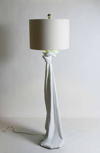 DRAPED PLASTER FLOOR LAMP MANNER OF JOHN DICKINSON: DRAPED PLASTER FLOOR LAMP MANNER OF JOHN DICKSON: John Dickinson Style Draped Plaster Floor Lamp. Circa 1970's. White paper shade with blue interior. Approx. 61" h x 18.25" dia.