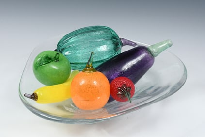 7 PC. ORREFORS GLASS BOWL & KOSTA BODA GLASS FRUIT