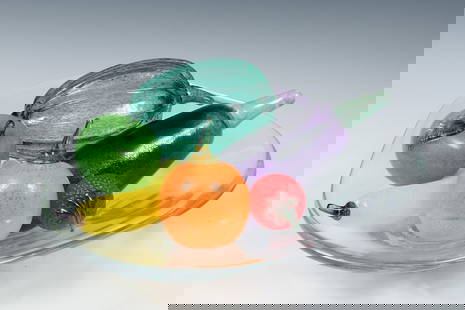 7 PC. ORREFORS GLASS BOWL & KOSTA BODA GLASS FRUIT: 7 PC. ORREFORS GLASS BOWL & KOSTA BODA GLASS FRUIT: Comprising; 1- Orrefors Crystal Fruit bowl holding 6- Art Glass Fruits by Kosta Boda. Bowl Approx. 4" h x 14" w x 14" d.