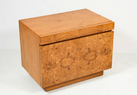 LANE BURL OLIVE NIGHTSTAND: LANE BURL OLIVE NIGHTSTAND: Milo Baughman style Mid-Century Modern burl wood nightstand book-matched burled olive wood, by Lane Furniture. Circa 1970s. Approx. 20.25" h x 26" w x 17" d.