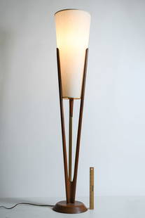 ADRIAN PEARSALL WALNUT FLOOR LAMP: ADRIAN PEARSALL WALNUT FLOOR LAMP: An Adrian Pearsall Mid-Century Modern single light walnut inverted cone floor lamp with a cloth wrapped plastic shade. Approx. 57.5" h x 11" dia.