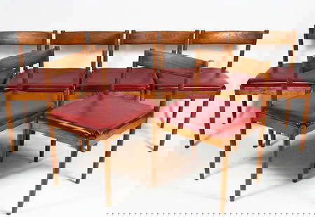 6 PC. MID CENTURY MODERN DANISH TEAK DINING CHAIRS: 6 PC. MID CENTURY MODERN DANISH TEAK DINING CHAIRS: A set of Six Mid Century Modern Danish Teak Dining Chairs in the manner of Frem Rojle Mobelfrabik, Red Faux Leather upholstery. Approx. 29.625" h x