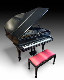 STEINWAY BABY GRAND PIANO: STEINWAY BABY GRAND PIANO: An early 7 Octave 85 Key Steinway Baby Grand Piano circa 1887, with an Ebonized case. Matching Piano bench. Serial #52819; the 528 is more visible than the last two numbers