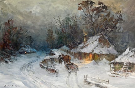 DMITRY POTOROKA SNOWY WINTER VILLAGE SCENE PAINTIN
