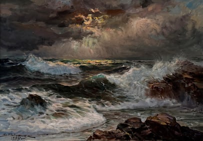 LARGE DRAMATIC POTOROKA CRASHING SURF PAINTING