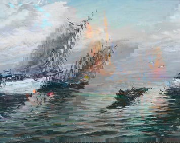 DMITRY POTOROKA FISHING BOATS ON A CALM SEA PAINTING