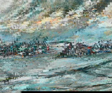 PROFESSOR PAUL TESSLER HARBOR TOWN PAINTING: TESSLER, Paul, (American, 1907-???): "Ashdod", Harbor Town Landscape Painting, Oil/Masonite, 20" x 24", signed with Tessler's pen name "Pacey" lower right, titled verso and inscribed "Syracuse, New Yo
