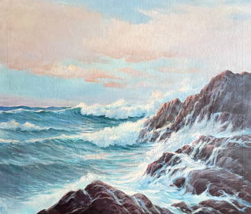 A.E. BRACY COASTAL SURF PAINTING: BRACY, Arthur Edwin, (American, 1887-1955): Coastal Surf Pounding the Jagged Rocks, Oil/Canvas, 28" x 34", signed lower left, framed, 33.25" x 38.25".