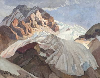 PAUL BURCK SNOWCAPPED MOUNTAINS PAINTING 1923: BURCK, Paul, (German, 1878-1947): Snowcapped Mountain Peaks, Oil/Canvas, 26.375'' x 34.5'', signed lower left and dated, also signed and dated verso, contemporary gilded frame with minor wear, 32'' x