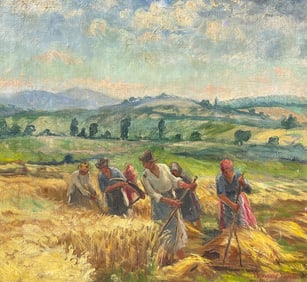 ILLEGIBLY SIGNED HUNGARIAN(?) HAYING SCENE PAINTING