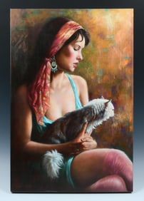 HARVIE BROWN PORTRAIT OF A BEAUTY WITH CAT
