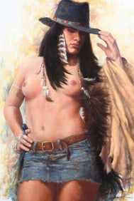HARVIE BROWN TOPLESS NATIVE AMERICAN BEAUTY PAINTING