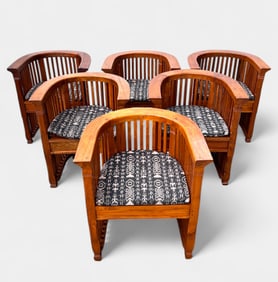 6 OAK ARTS & CRAFTS STYLE BARREL BACK CHAIRS