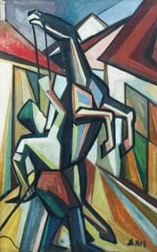 EUGEN NELL CUBIST HORSE TRAINER PAINTING