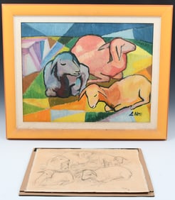 2PC. EUGEN NELL ART LOT CUBIST PAINTING WITH STUDY