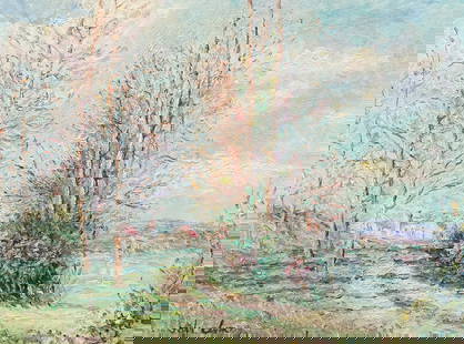 JOHN CLYMER EUROPEAN RIVERSIDE VILLAGE LANDSCAPE PAINTING: CLYMER, John, (American/English, b. 1932): Impressionist Riverside Village Landscape, Oil/Canvas, 18&rdquo; x 24&rdquo;, signed lower left, also signed on the stretcher verso, carved and gilded frame,