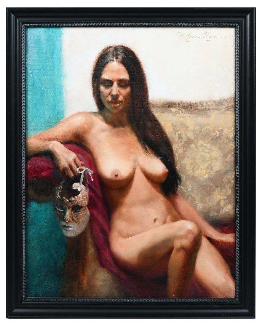 SEATED NUDE PORTRAIT BY ANNA ROSE BAIN: BAIN, Anna Rose, (American, b. 1985): Nude Brunette Seated on a Sofa in an Interior Holding a Mask, Oil/Canvas, 18" x 14", signed upper right, framed, 20.25" x 16.25".