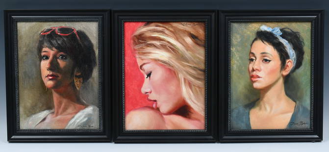 3PC. ANNA ROSE BAIN PORTRAIT PAINTING LOT: BAIN, Anna Rose, (American, b. 1985): Three Portraits of Young Beauties: 1) Brunette with Blue Ribbon in her Hair, Oil/Canvas, 12" x 9", signed lower right, framed, 14" x 11.25"; 2) Buxom Blonde, Oil/